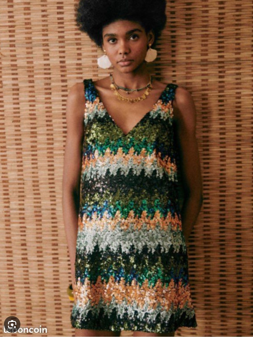 Sezane Multicolor Sequin V-Neck Mini Dress